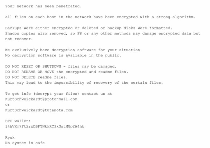 Ryuk ransomware ransom note sample