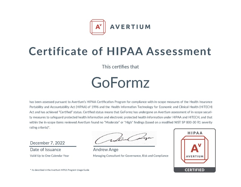 NEW_HIPAA Certificate of Assessment 2022 - GoFormz - Certified