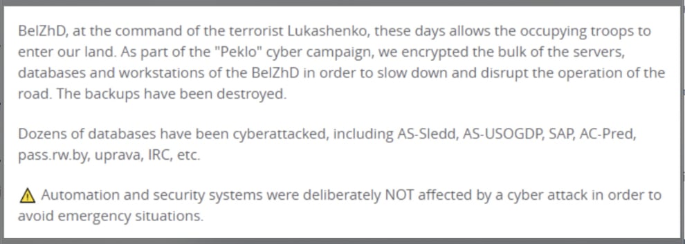 Telegram Message from Cyber Partisans