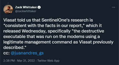 Tweet Regarding Viasat's Cyber Attack