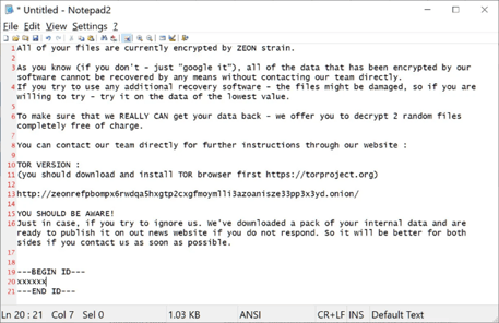 A Zeon Ransomware Note