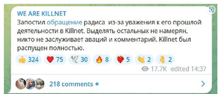 Killnet's Disbandment Announcement Written in Russian