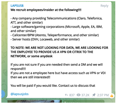 Lapsus$ Recruitment on Telegram
