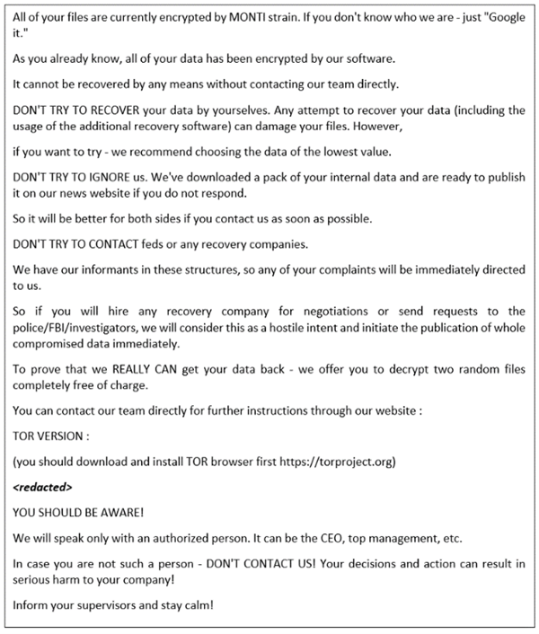 Monti Ransomware Note