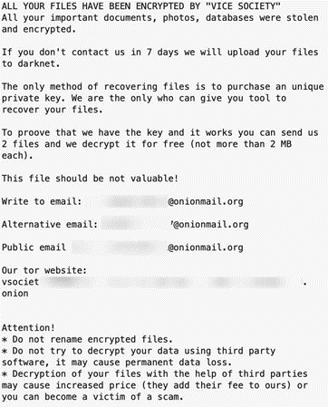 Vice Society Ransomware Note