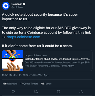 Coinbase Tweet About Potential Scams
