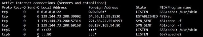 Netstat Output Showing the Fake "su" Process Connected to a C2 Server
